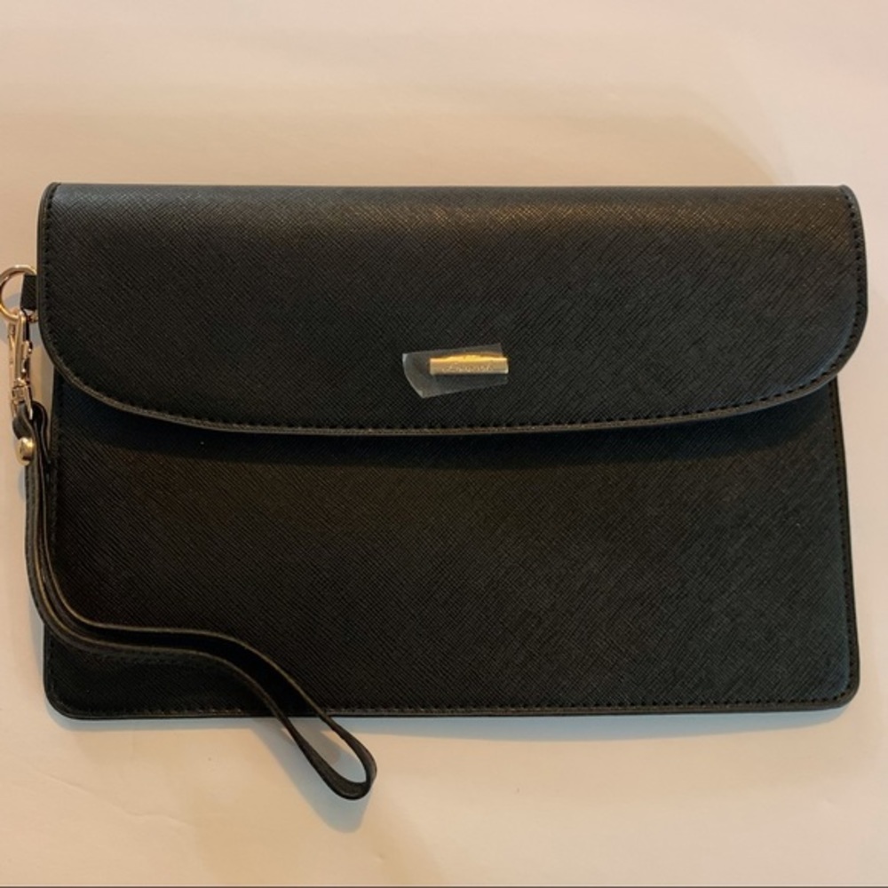 NWOT Lovevook Black Vegan Leather‎ Clutch Purse with snap closure